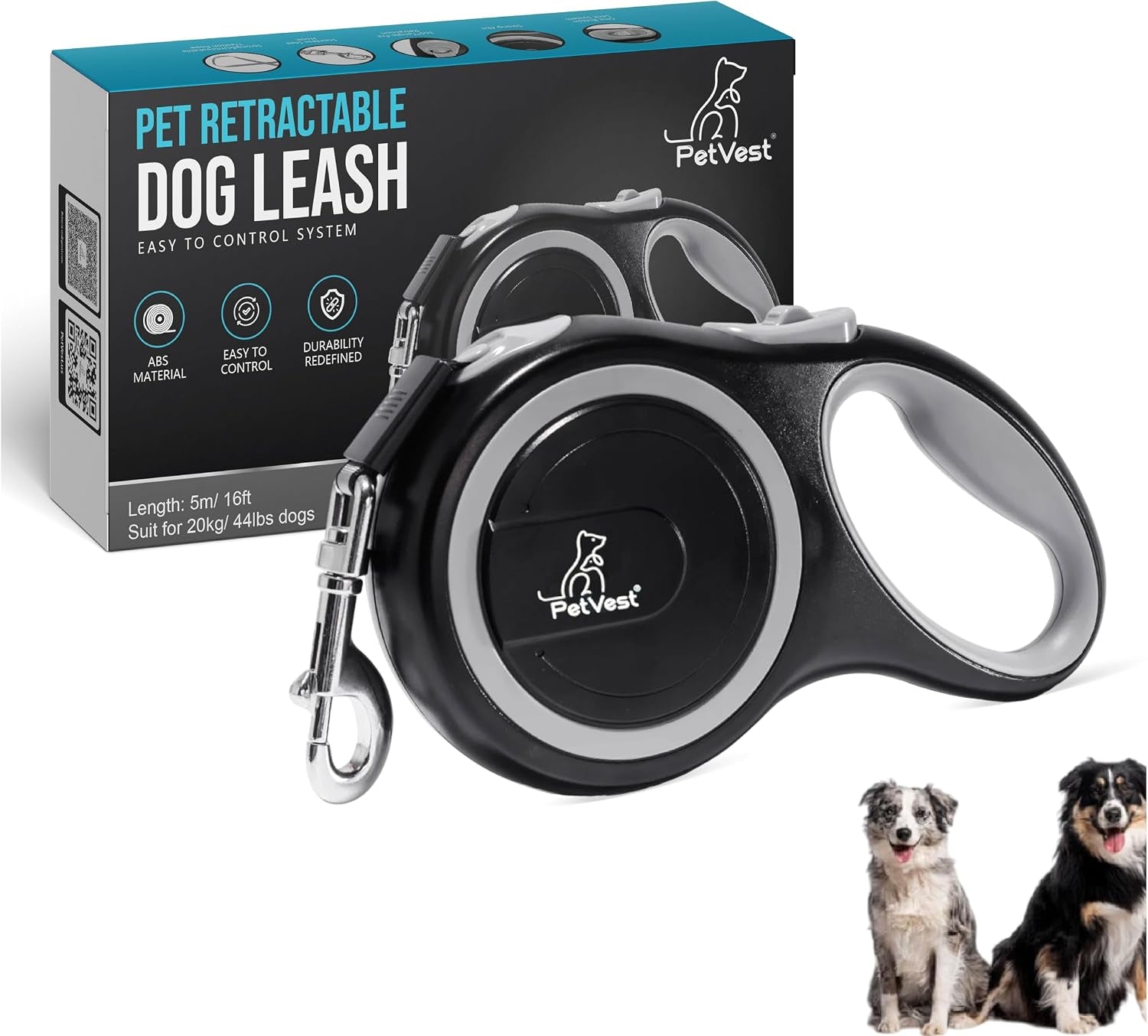 Retractable Dog Leash – Extendable up to 16 FT, Heavy Duty Nylon Tape, No-Tangle, One-Handed Brake & Lock, for Small to X-Large Dogs up to 44 Lbs (Black)