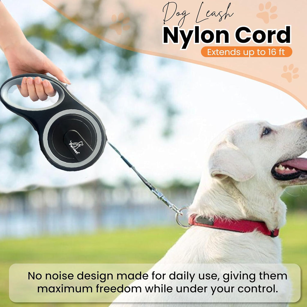 Retractable Dog Leash – Extendable up to 16 FT, Heavy Duty Nylon Tape, No-Tangle, One-Handed Brake & Lock, for Small to X-Large Dogs up to 44 Lbs (Black)