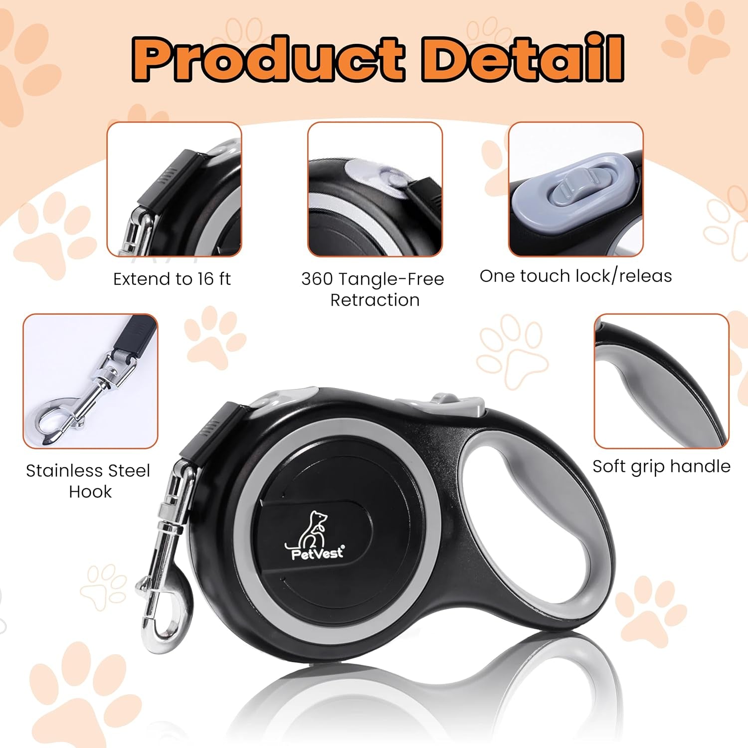 Retractable Dog Leash – Extendable up to 16 FT, Heavy Duty Nylon Tape, No-Tangle, One-Handed Brake & Lock, for Small to X-Large Dogs up to 44 Lbs (Black)